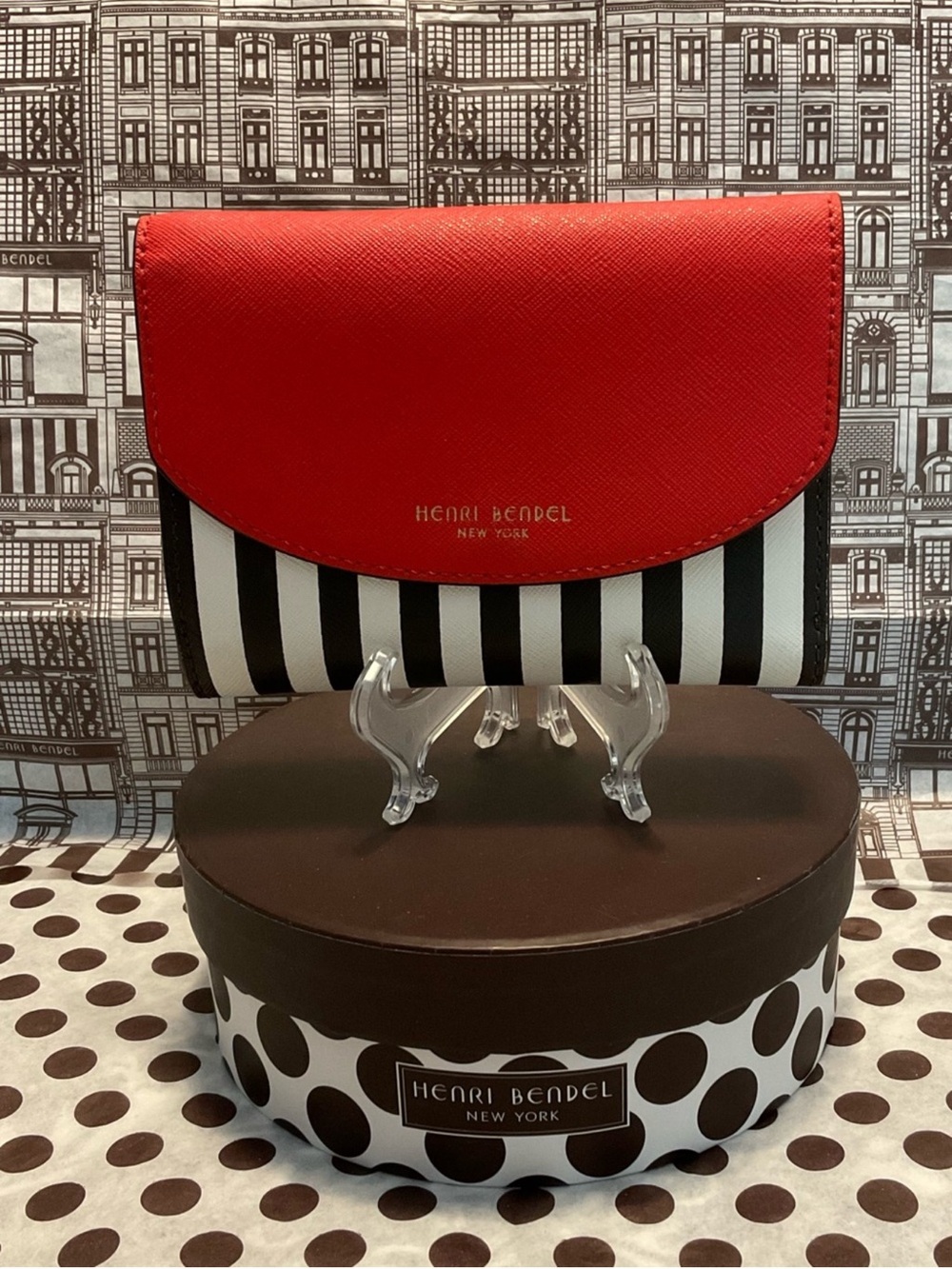 Henri Bendel Rare Bifold Red and Black & White Centennial Striped Wallet